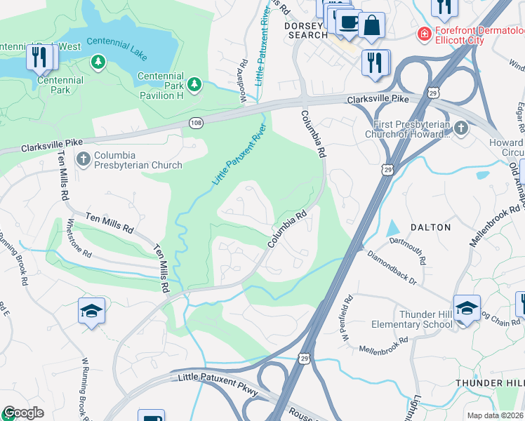 map of restaurants, bars, coffee shops, grocery stores, and more near 5317 Chase Lions Way in Columbia