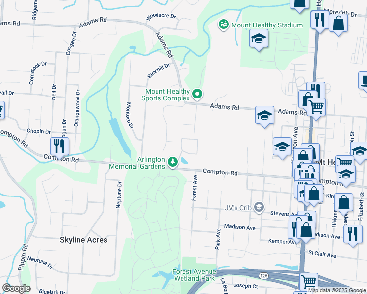 map of restaurants, bars, coffee shops, grocery stores, and more near 7858 Compton Lake Drive in Mount Healthy