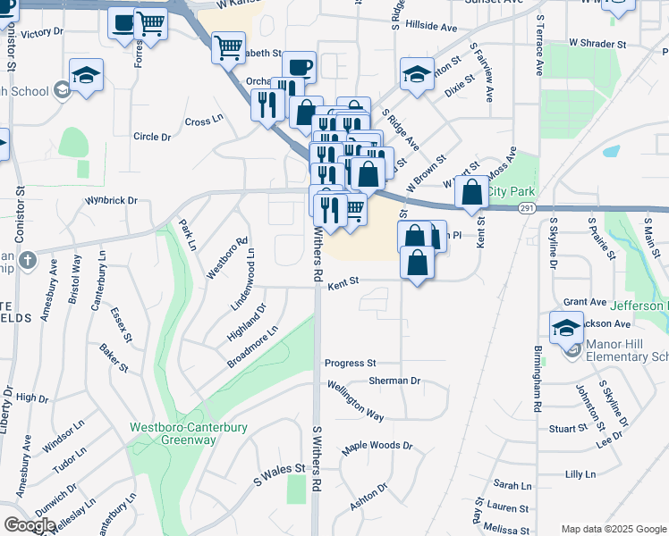 map of restaurants, bars, coffee shops, grocery stores, and more near 1040 Kent Street in Liberty