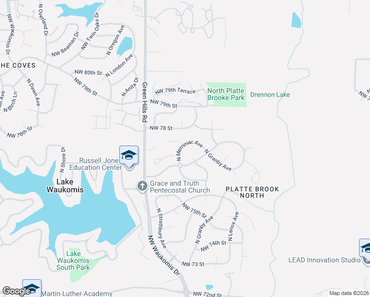 map of restaurants, bars, coffee shops, grocery stores, and more near 4106 Northwest 76th Terrace in Kansas City