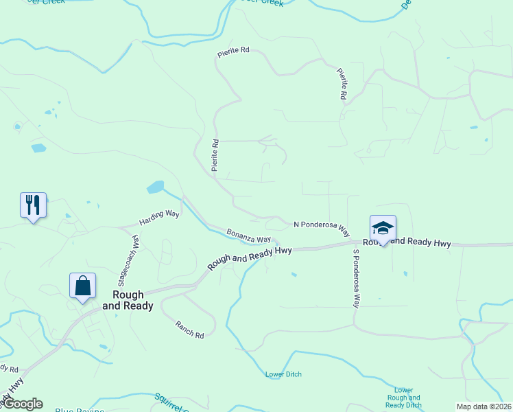 map of restaurants, bars, coffee shops, grocery stores, and more near 10389 North Ponderosa Way in Rough and Ready