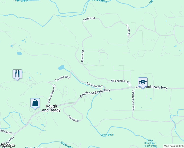 map of restaurants, bars, coffee shops, grocery stores, and more near 10389 North Ponderosa Way in Rough and Ready