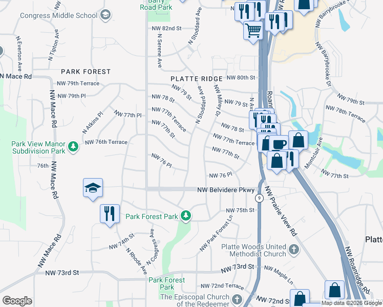 map of restaurants, bars, coffee shops, grocery stores, and more near 7626 Northwest Stoddard Avenue in Kansas City