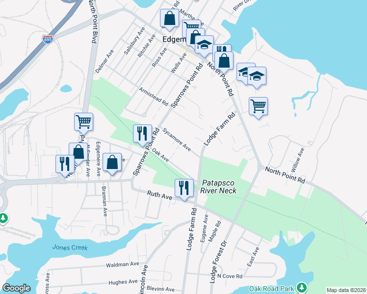 map of restaurants, bars, coffee shops, grocery stores, and more near 2524 Sycamore Avenue in Sparrows Point