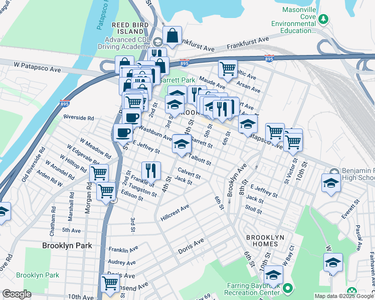 map of restaurants, bars, coffee shops, grocery stores, and more near 3803 4th Street in Baltimore
