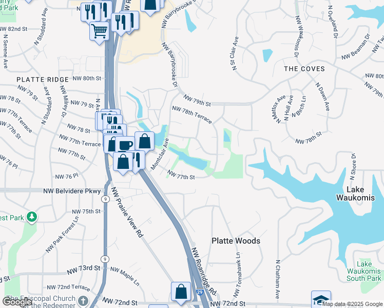 map of restaurants, bars, coffee shops, grocery stores, and more near 6301 Northwest 78th Street in Kansas City
