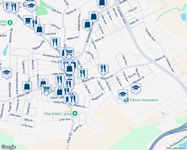 map of restaurants, bars, coffee shops, grocery stores, and more near 1501 Cale Street in Parkersburg