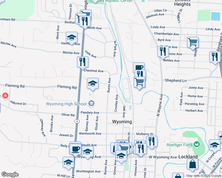 map of restaurants, bars, coffee shops, grocery stores, and more near 1117 Burns Avenue in Wyoming