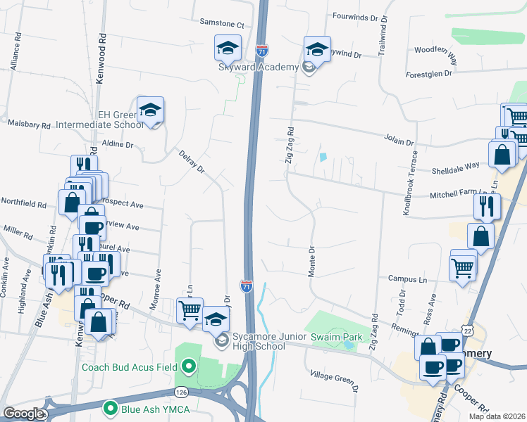 map of restaurants, bars, coffee shops, grocery stores, and more near 13034 Coopermeadow Lane in Cincinnati