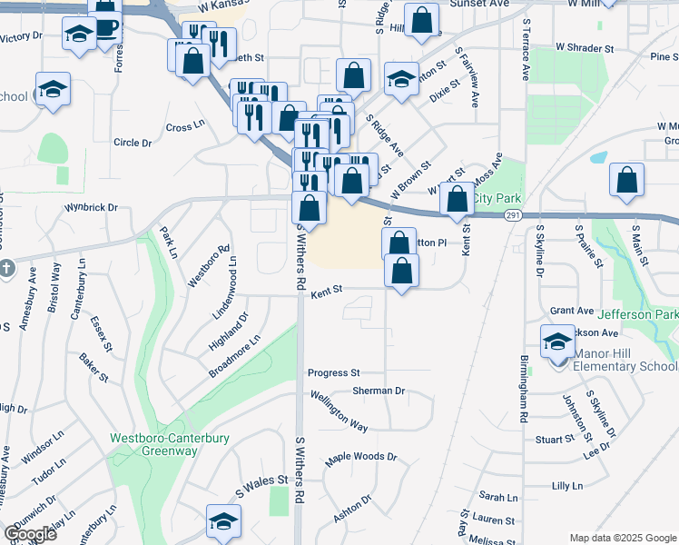 map of restaurants, bars, coffee shops, grocery stores, and more near 1040 Kent Street in Liberty