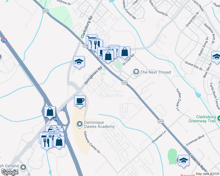 map of restaurants, bars, coffee shops, grocery stores, and more near 23221 Observation Drive in Clarksburg