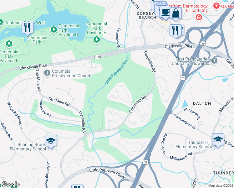 map of restaurants, bars, coffee shops, grocery stores, and more near 5307 Butler Court in Columbia