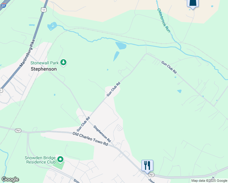 map of restaurants, bars, coffee shops, grocery stores, and more near 316 Gun Club Road in Stephenson