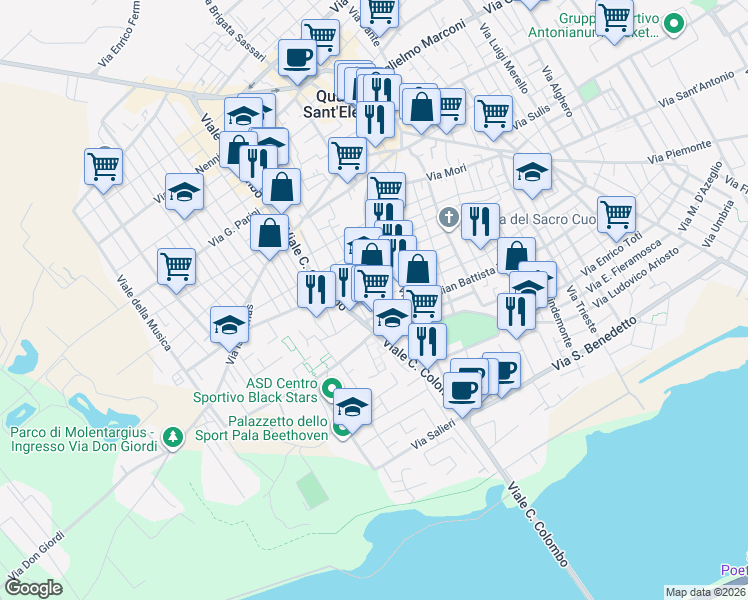 map of restaurants, bars, coffee shops, grocery stores, and more near 29 Via Ugo Foscolo in Quartu Sant'Elena