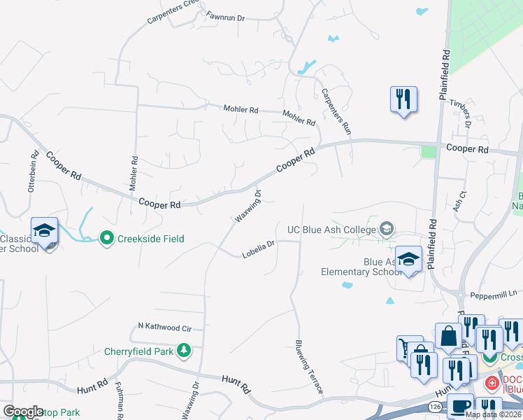 map of restaurants, bars, coffee shops, grocery stores, and more near 9666 Waxwing Drive in Cincinnati