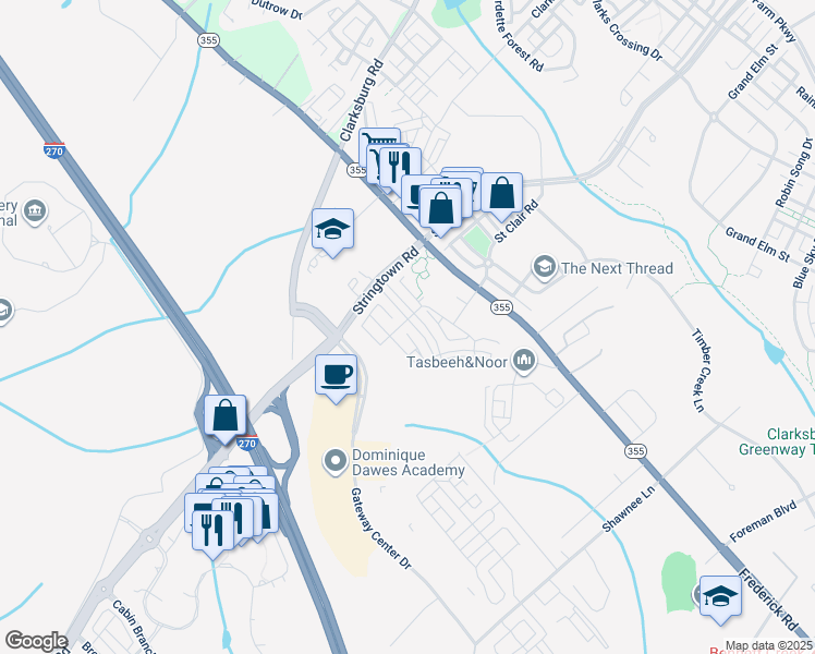 map of restaurants, bars, coffee shops, grocery stores, and more near 13500 Latrobe Lane in Clarksburg
