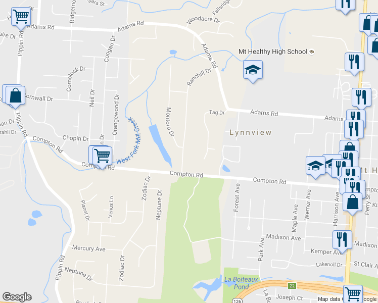 map of restaurants, bars, coffee shops, grocery stores, and more near 9116 Ranchill Drive in Cincinnati