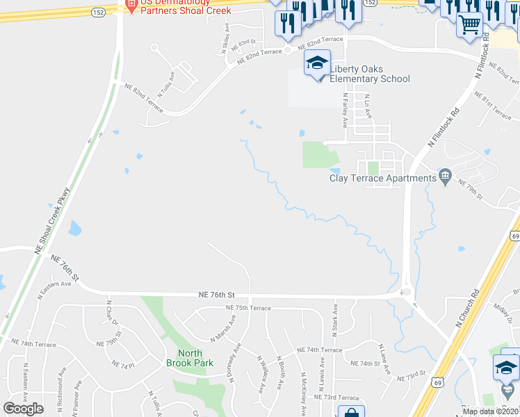 map of restaurants, bars, coffee shops, grocery stores, and more near 7738 North Donnelly Avenue in Kansas City