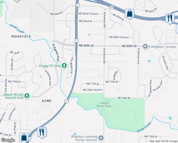 map of restaurants, bars, coffee shops, grocery stores, and more near 3502 Northeast 78th Street in Kansas City