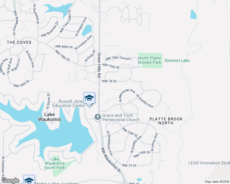 map of restaurants, bars, coffee shops, grocery stores, and more near 4215 Northwest 78th Street in Kansas City