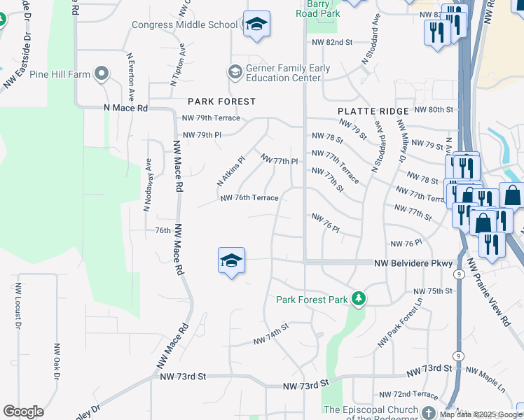 map of restaurants, bars, coffee shops, grocery stores, and more near 7638 North Pomona Avenue in Kansas City