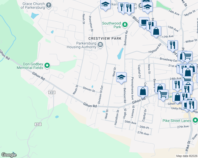 map of restaurants, bars, coffee shops, grocery stores, and more near 2378-2398 Division Saint Exd in Parkersburg