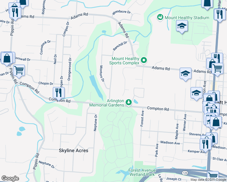 map of restaurants, bars, coffee shops, grocery stores, and more near 9116 Ranchill Drive in Cincinnati