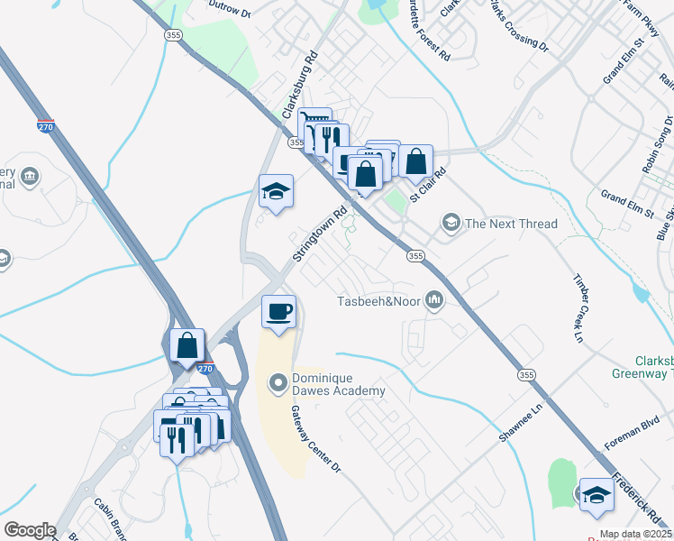 map of restaurants, bars, coffee shops, grocery stores, and more near 13500 Latrobe Lane in Clarksburg