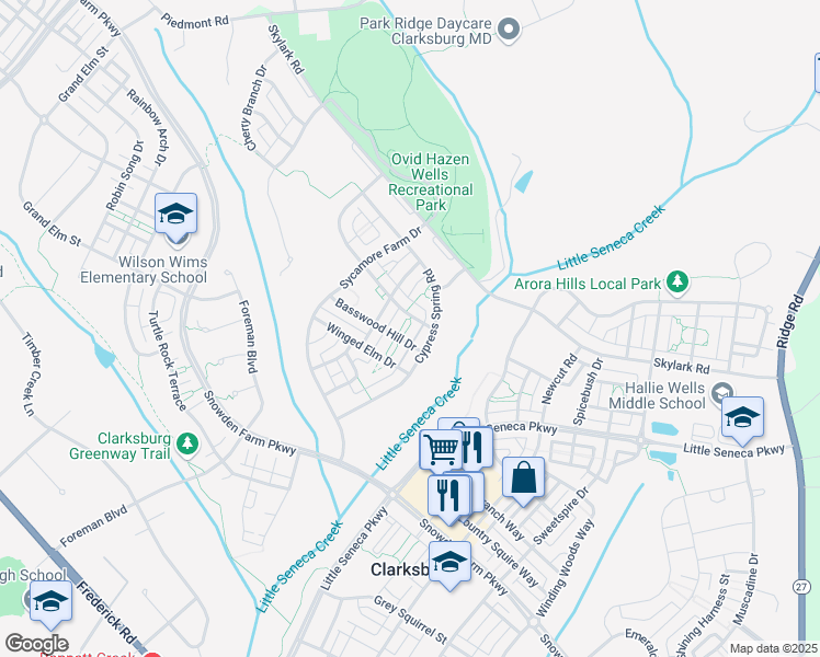 map of restaurants, bars, coffee shops, grocery stores, and more near 23004 Birch Mead Road in Clarksburg