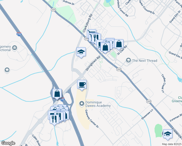 map of restaurants, bars, coffee shops, grocery stores, and more near 23234 Roberts Tavern Drive in Clarksburg