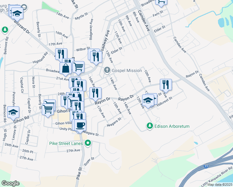 map of restaurants, bars, coffee shops, grocery stores, and more near 4318 14th Avenue in Parkersburg