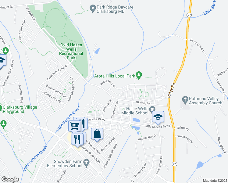 map of restaurants, bars, coffee shops, grocery stores, and more near 23223 Arora Hills Drive in Clarksburg