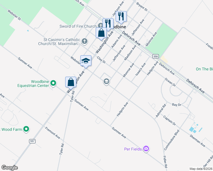map of restaurants, bars, coffee shops, grocery stores, and more near 801 Webster Street in Woodbine