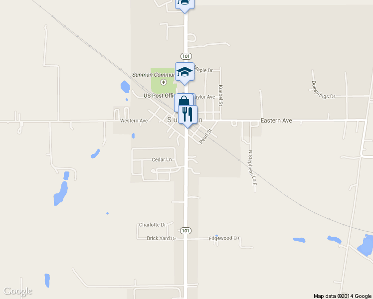 map of restaurants, bars, coffee shops, grocery stores, and more near 107 West Vine Street in Sunman