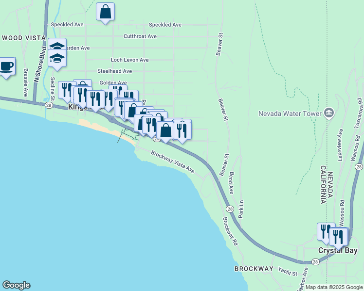map of restaurants, bars, coffee shops, grocery stores, and more near 8781 Minnow Avenue in Kings Beach