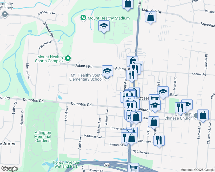 map of restaurants, bars, coffee shops, grocery stores, and more near 7900 Werner Avenue in Cincinnati