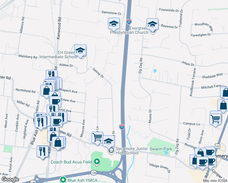 map of restaurants, bars, coffee shops, grocery stores, and more near 9804 Delray Drive in Cincinnati
