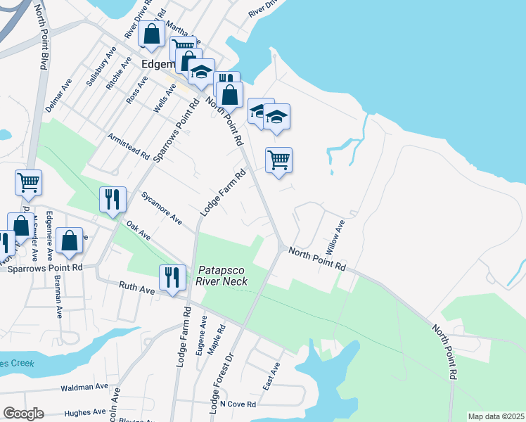 map of restaurants, bars, coffee shops, grocery stores, and more near 7531 North Point Road in Sparrows Point