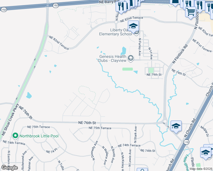 map of restaurants, bars, coffee shops, grocery stores, and more near 7738 North Donnelly Avenue in Kansas City