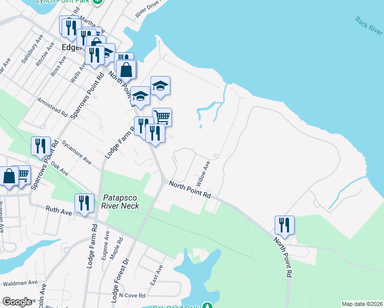 map of restaurants, bars, coffee shops, grocery stores, and more near 2880 Nathaniel Way in Sparrows Point