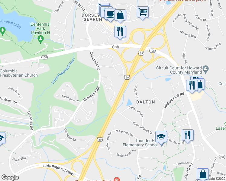 map of restaurants, bars, coffee shops, grocery stores, and more near 5202 Columbia Road in Columbia