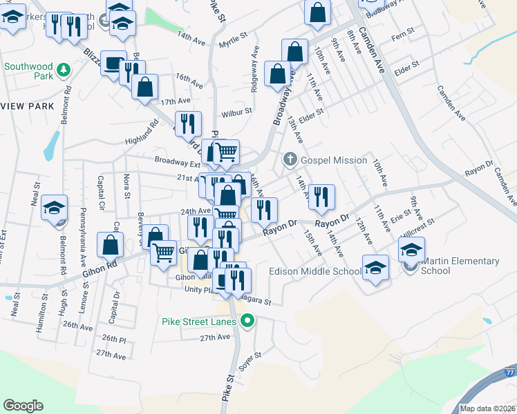 map of restaurants, bars, coffee shops, grocery stores, and more near 1700 Crescent Street in Parkersburg