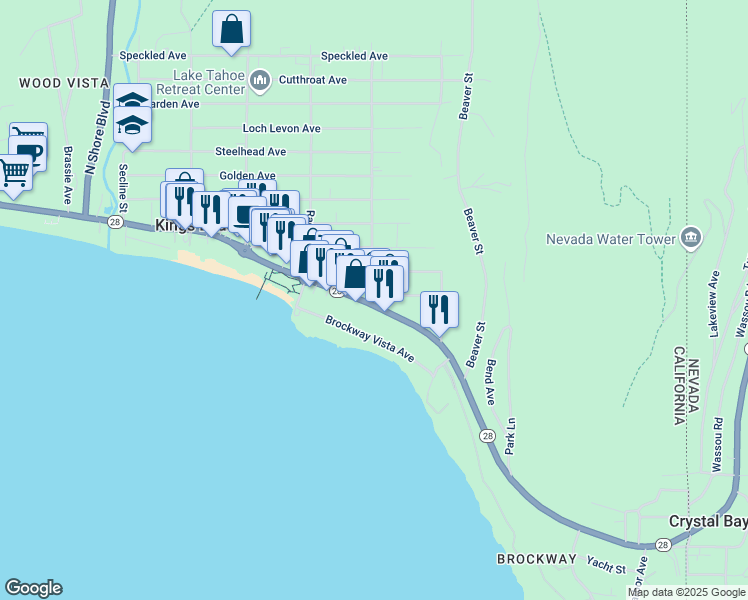 map of restaurants, bars, coffee shops, grocery stores, and more near 8697 North Lake Boulevard in Kings Beach
