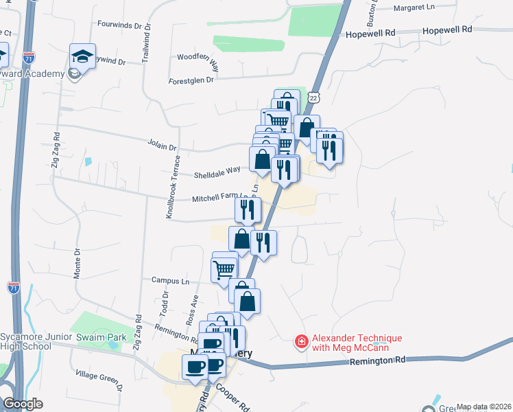 map of restaurants, bars, coffee shops, grocery stores, and more near 9861 Tollgate Lane in Cincinnati