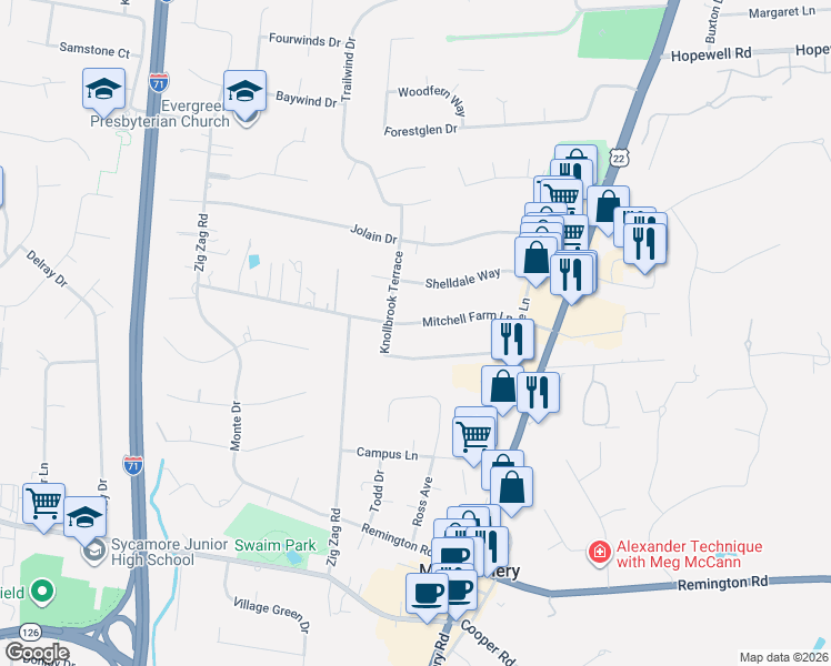 map of restaurants, bars, coffee shops, grocery stores, and more near 7927 Mitchell Farm Lane in Cincinnati