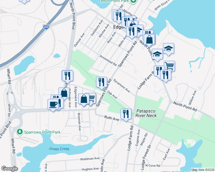 map of restaurants, bars, coffee shops, grocery stores, and more near 2707 State Highway 718 in Edgemere