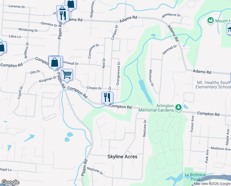 map of restaurants, bars, coffee shops, grocery stores, and more near 2409 Chopin Drive in Cincinnati