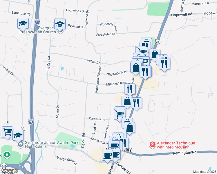 map of restaurants, bars, coffee shops, grocery stores, and more near 7927 Mitchell Farm Lane in Cincinnati