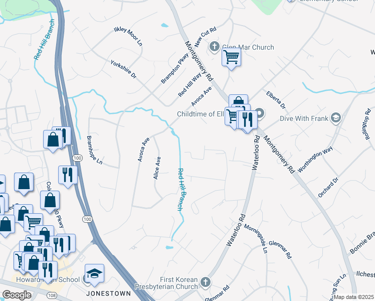 map of restaurants, bars, coffee shops, grocery stores, and more near 8556 Dina Lane in Ellicott City
