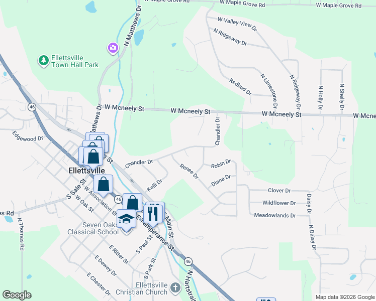 map of restaurants, bars, coffee shops, grocery stores, and more near 700 Chandler Drive in Ellettsville